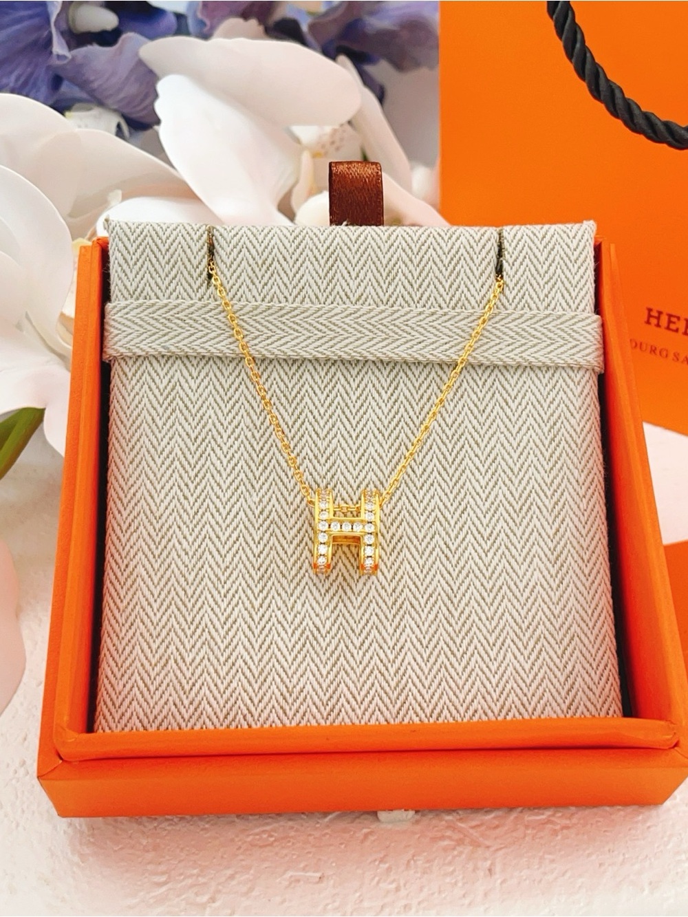 Hermes Gold H Crystal Pendant Necklace
